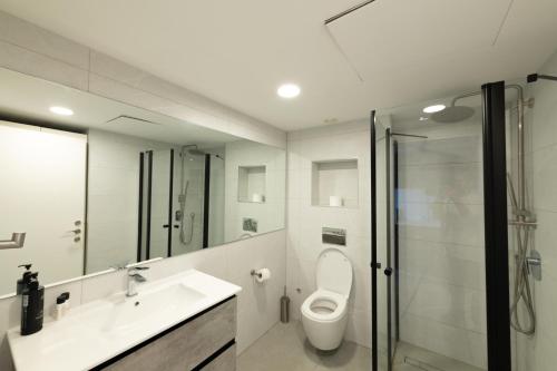 a bathroom with a toilet and a sink and a shower at סי סייד אילת 171 in Eilat