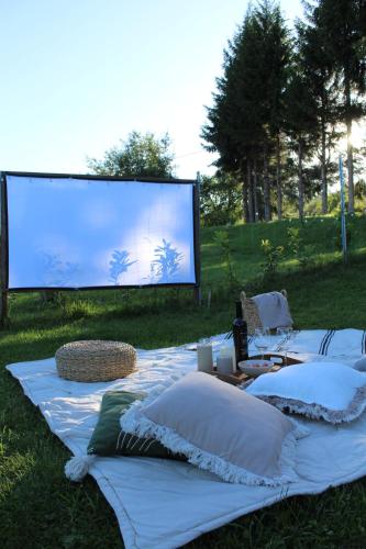 a group of pillows sitting on a field with a screen at Javor Holiday House in Žumberak