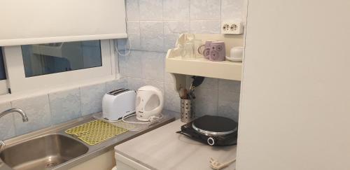 - une cuisine avec un évier et un comptoir dans l'établissement Vaso Studios, à Vathi