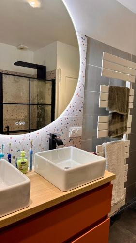 une salle de bain avec un grand lavabo et un miroir dans l'établissement Villa 6 couchage standing, aux Pennes-Mirabeau