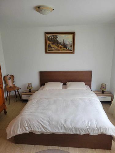 - une chambre avec un grand lit et une photo sur le mur dans l'établissement Appartement Entre Strasbourg Et Colmar - Proche d'Europa Park, à Sermersheim