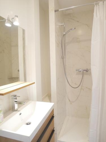 a white bathroom with a shower and a sink at Villa Cathy Studio Terrasse Léane in Aix-les-Bains