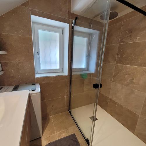 une douche avec une porte vitrée dans une salle de bain dans l'établissement Maison Fouras centre 3 étoiles, à Fouras