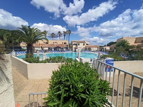un complexe avec piscine et palmiers dans l'établissement Le Cap d'Agde 2 pièces climatisé résidence Odalys St Loup en RDC avec terrasse, au Cap d'Agde