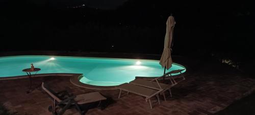 a swimming pool at night with two chairs and an umbrella at L'Oasi in Zagarolo