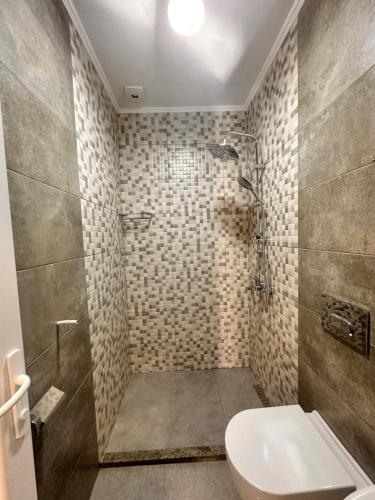 a bathroom with a shower and a toilet at Green Cape Tower in Batumi