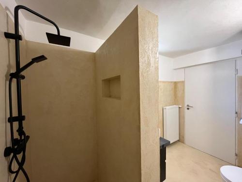 a shower in a bathroom with a wall at Apartmány Jevany in Jevany