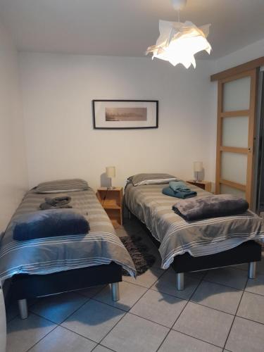 um quarto com 2 camas e um lustre em Chez Santia em Brinon-sur-Sauldre