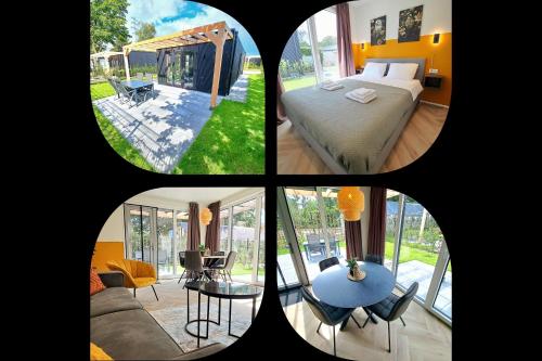 een groep van vier foto's van een slaapkamer en een woonkamer bij Veluwe Home 'De Bosvogel' luxe natuurhuis in Ermelo