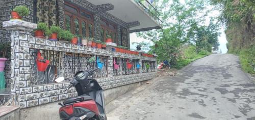 a scooter parked next to a wall with plants on it at Malgudi Homestay in Kalimpong