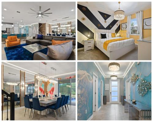 a collage of four pictures of a hotel room at Top 5 percent Luxury Villa at Storey Lake mins to Disney in Kissimmee