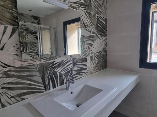 une salle de bain avec un lavabo et un miroir dans l'établissement Gites de la Varillère, à Cuzion