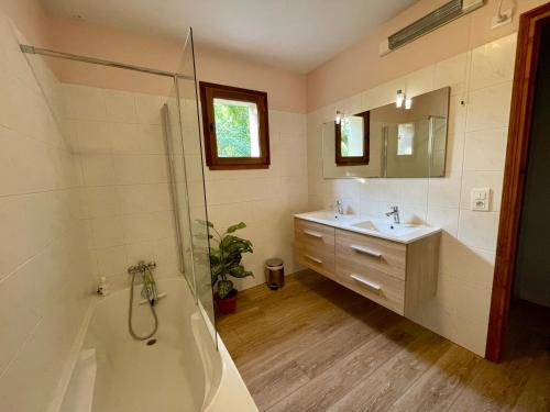 une salle de bain avec une baignoire, un lavabo et une douche dans l'établissement Gîte vue imprenable Vallée du Lot, piscine privée, à Calvignac