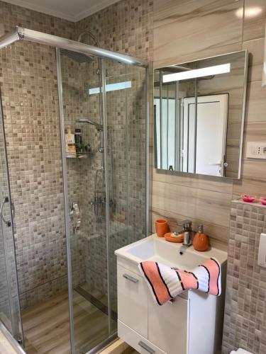 a bathroom with a shower and a sink and a mirror at Apartman Dorotea in Trebinje