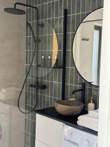 a bathroom with a shower with a sink and a mirror at Siilihouse in Padise
