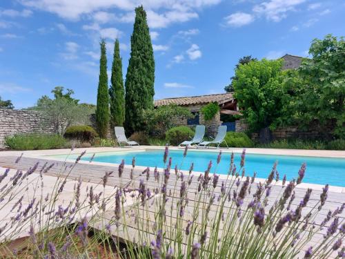 une villa avec une piscine et des arbres dans l'établissement gite de Pierrebrune, à Issirac