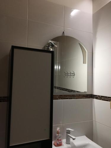 a bathroom with a mirror and a sink at Rodinný penzion U Hafana a U Hospůdky in Řeka