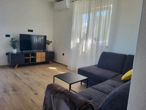 Una sala de estar con un sofá y un televisor de pantalla plana. en Villa Boni, en Krneša