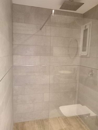 a bathroom with a glass shower with a toilet at Departamento Los Sauces in Macachín
