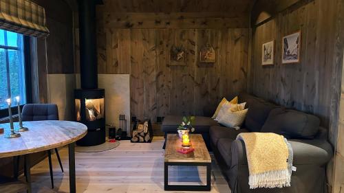 a living room with a couch and a fireplace at Liaplassen Mountain Chalet - Beitostølen in Beitostøl