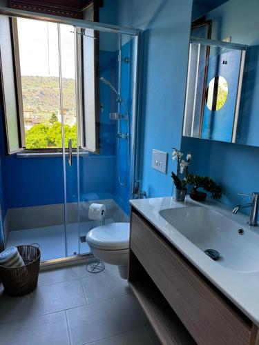 a blue bathroom with a toilet and a sink at Vida Locrese con piscina salata in Gerace