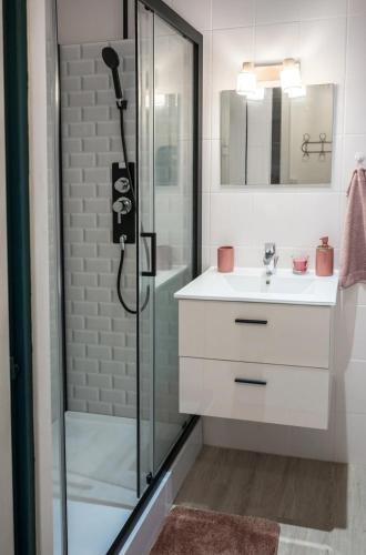 une salle de bain avec une douche en verre et un lavabo dans l'établissement Le beau Lucien, climatisé, central et fonctionnel, à Bergerac