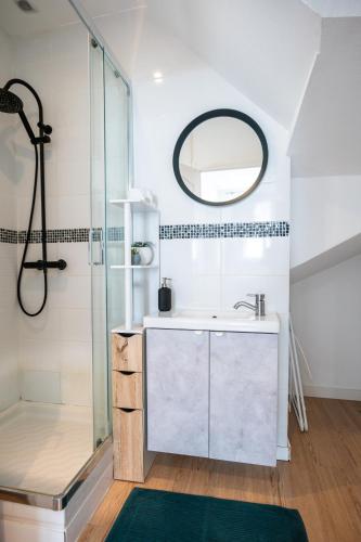 une salle de bain avec un lavabo et une douche dans l'établissement Studio cosy RDC, calme avec cour extérieure, à Saran