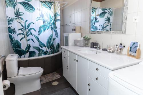 a bathroom with a toilet and a sink and a mirror at rosalena's house in Chalkida