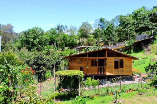 a small wooden house on a hill with trees at Cabaña Caracolí. Tranquilidad vía a la laguna in Ubaque