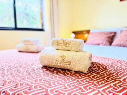 una pila de toallas sentadas encima de una cama en Hotel Valle Grande en San Rafael