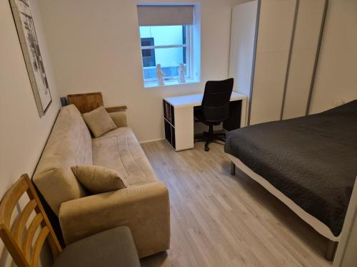 a living room with a couch and a bed and a desk at Cosy apartment in Norðskála in Norðskáli
