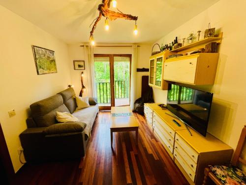 a living room with a couch and a flat screen tv at El refugio de la ardilla, apartamento Canfranc-estacion in Canfranc-Estación