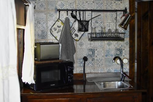 a kitchen counter with a microwave and a sink at O Cantinho de Coura - a cabana in Paredes de Coura