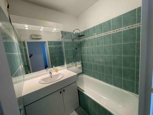 une salle de bain avec un lavabo, un miroir et une baignoire dans l'établissement Charmant t3 moderne avec garage, à Villeurbanne