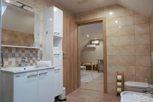 a bathroom with a sink and a toilet at Domen's cozy rentals in Kranj
