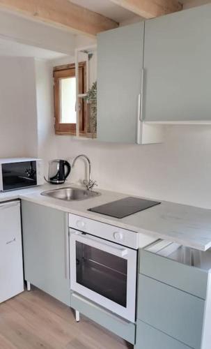 une cuisine blanche avec un évier et une cuisinière dans l'établissement Maisonnette en duplex - jardin, à Noisy-le-Grand