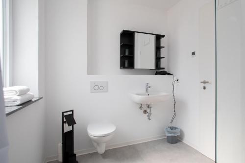 a white bathroom with a toilet and a sink at Apartmenthaus am Kaiser-Wilhelm-Park in Detmold