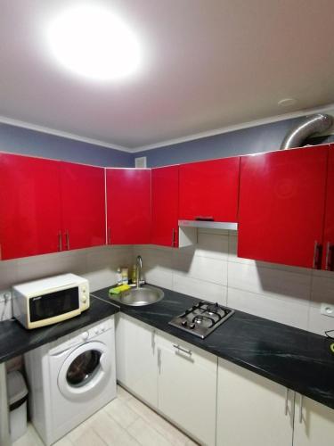 尼古拉耶夫Квартира的带红色橱柜和洗衣机的厨房