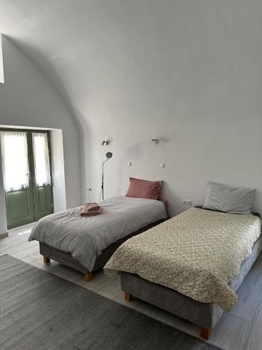 a bedroom with two beds and a green door at Alexander House 1 in Leonidion