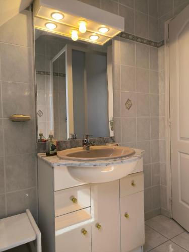 une salle de bain avec un lavabo et un grand miroir dans l'établissement A 3 min de la plage à Sarzeau, à Sarzeau