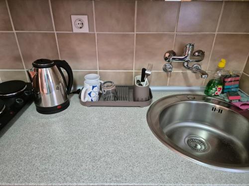 eine Küchentheke mit einer Spüle und einer Kaffeemaschine in der Unterkunft City Center in Visoko