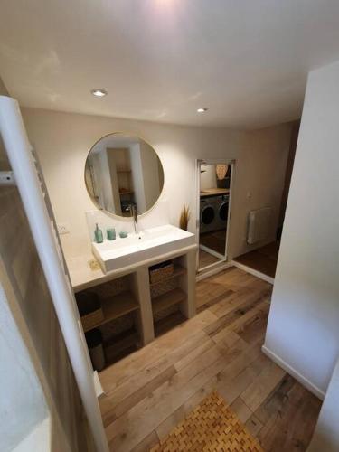 une salle de bain avec un lavabo et un miroir dans l'établissement Maison du Pont Canal, à Agen