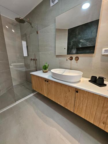 a bathroom with a sink and a shower at קציר ריזורט in Migdal