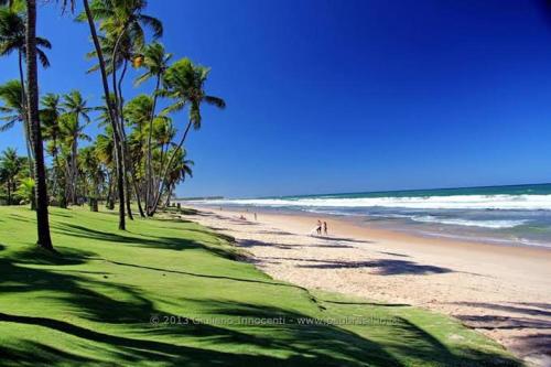 a beach with palm trees and people walking on the sand at Hospedaria Guapê in Lauro de Freitas