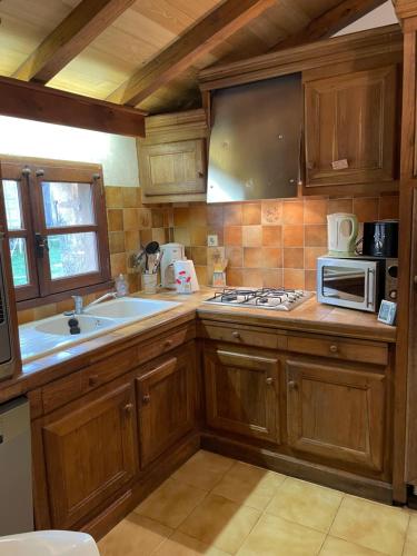 La cuisine est équipée de placards en bois, d'un évier et d'un four micro-ondes. dans l'établissement Maison pierre avec piscine privée, à Blanquefort-sur-Briolance