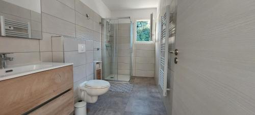 une salle de bain avec toilettes, douche et lavabo dans l'établissement A Caseta RDC, à Cervione