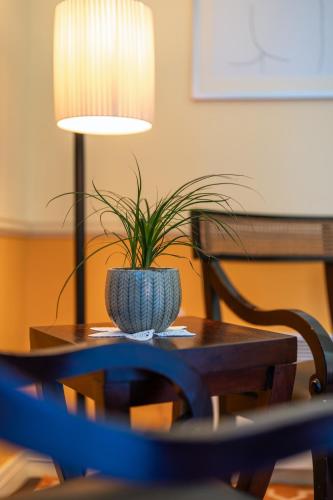 a table with a plant on it with a lamp at Boutique Hotel Dobra Vila Bovec in Bovec