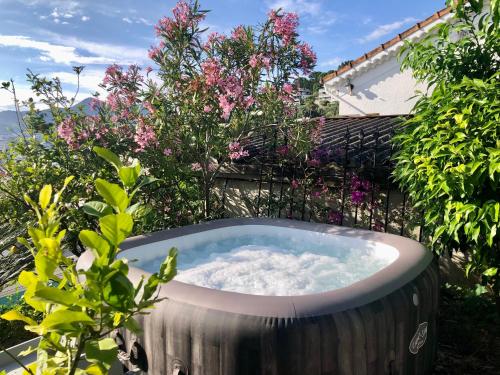 un bain à remous dans un jardin fleuri dans l'établissement Jardin avec Jacuzzi, vue mer et montagne, clim & parking, à Nice