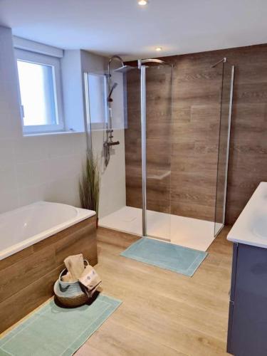 une salle de bain avec douche et baignoire dans l'établissement Gîte des Prés, à La Noë-Blanche