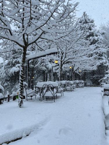 a park covered in snow with benches and trees at Hotel Kulla e Arte in Razëm